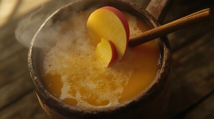 Refreshing Peach Beverage with Cinnamon and Steam in a Wooden Cup
