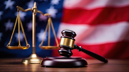 American flag, judge gavel and golden scale symbolize US justice system. Depicts judicial branch of government. Court, crime, law, authority, trial concept. Judgement, lawsuit, legislation banner. 