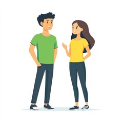 Fototapeta premium Young man in green t-shirt and jeans talking to woman in yellow t-shirt, standing together smiling. Flat illustration isolated on white background, character concept design.