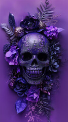 Naklejka premium Day of the Dead skull on purple with copy space