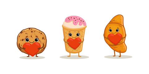 set of cartoon food characters isolated on white. Cookie, croissant and ice cream with heart in flat style. Vector illustration