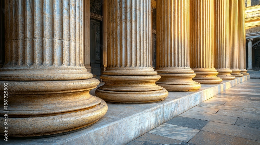 Poster warm sunlight casts a radiant glow on the textured surfaces of grand columns, creating a stunning di