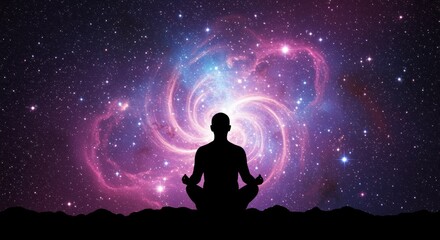 Obraz premium A meditative figure sits in silhouette against a cosmic backdrop, filled with swirling galaxies and stars, evoking tranquility and a deep connection to the universe.