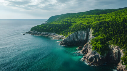 Fototapeta premium A scenic coastal cliffside covered in dense green vegetation.