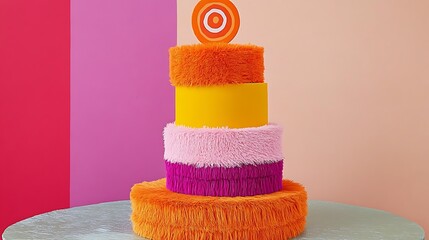 A colorful multi tiered cake with diverse textures and vibrant layers