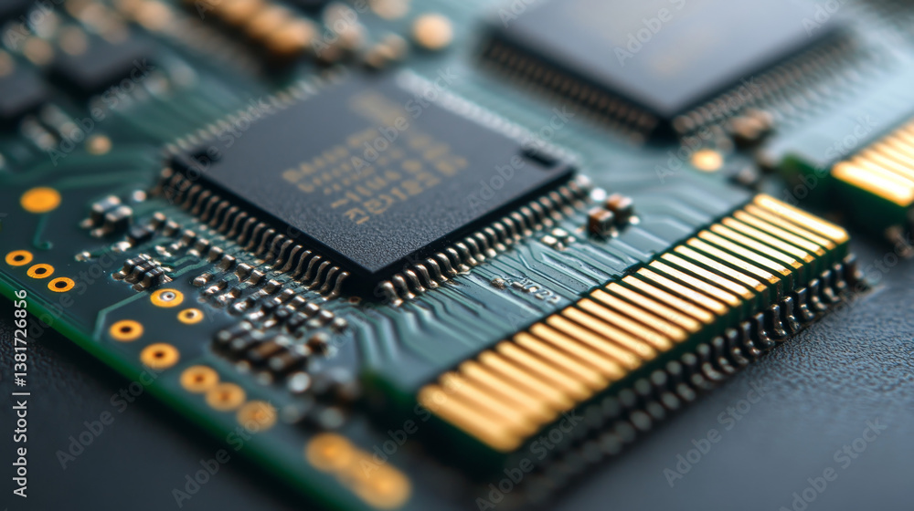 Poster close-up image of a computer chip, illustrating technological hardware components