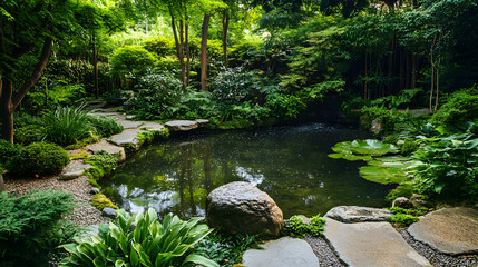 A serene Zen garden with lush green plants and a tranquil pond.