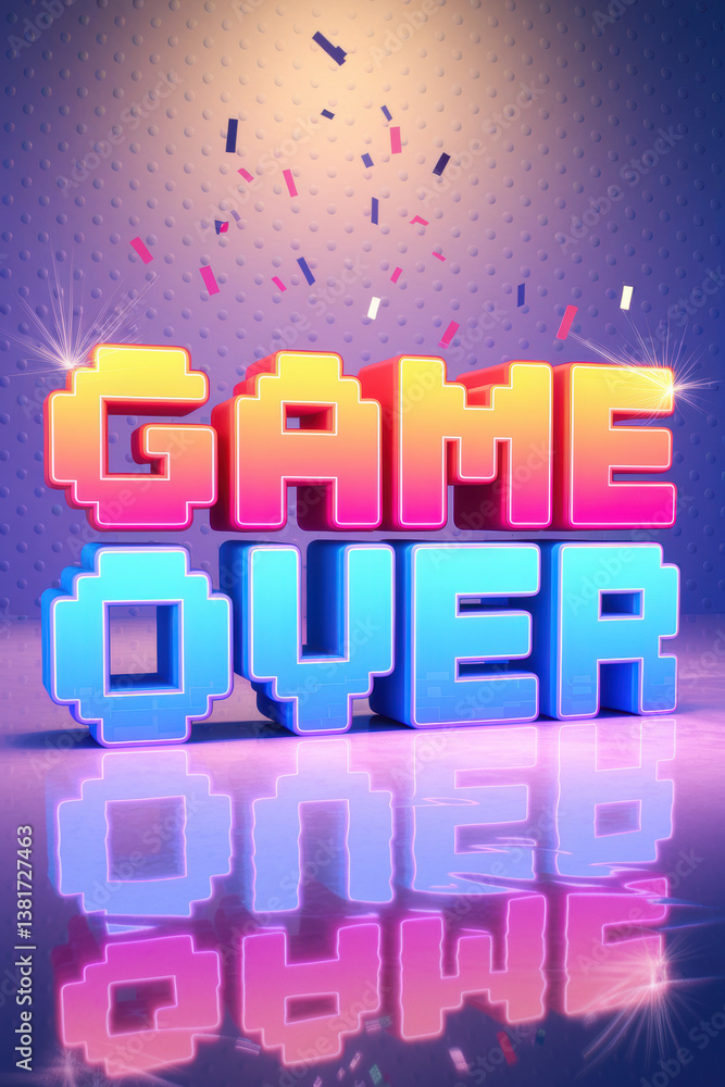Poster colorful pixelated game over screen with confetti in a retro video game style