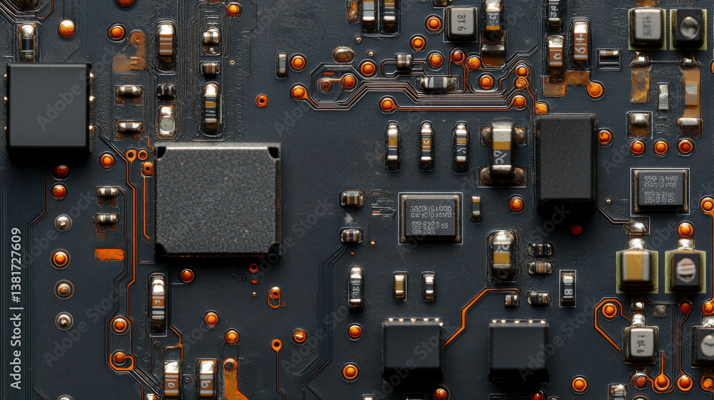 Poster close-up view of an electronic circuit board, illustrating intricate component layout