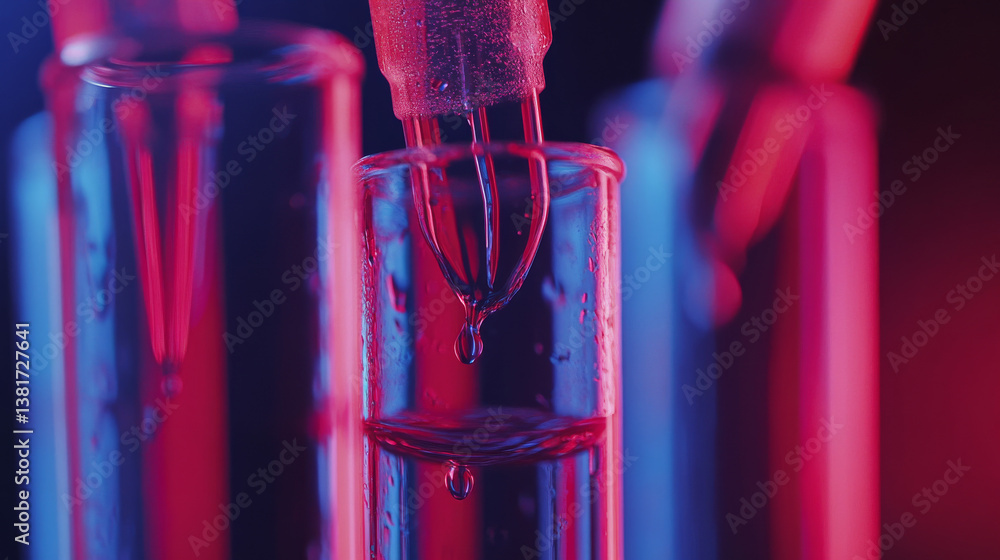 Aufkleber close-up macro image of lab test tubes and droppers in a blue and red background, symbolizing scient