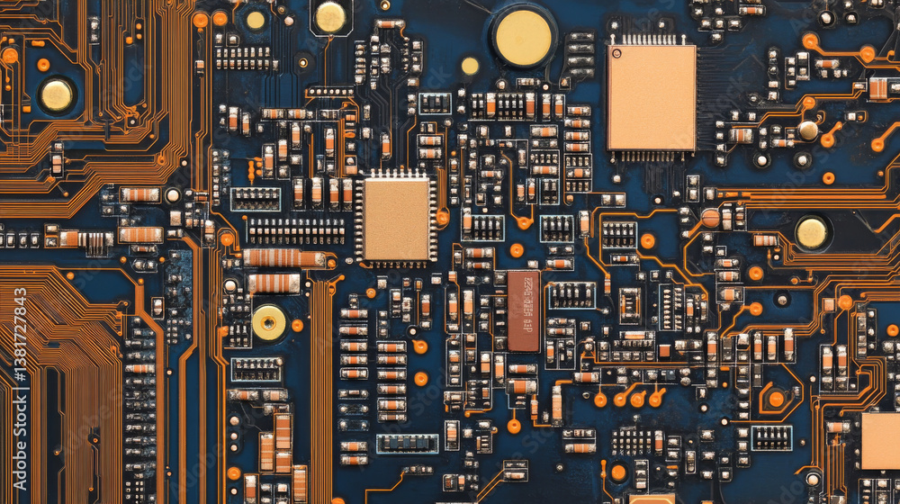 Poster close-up view of an electronic circuit board, illustrating intricate component layout