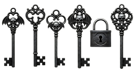Collection of Ornate Skull Keys and Padlock on White Background