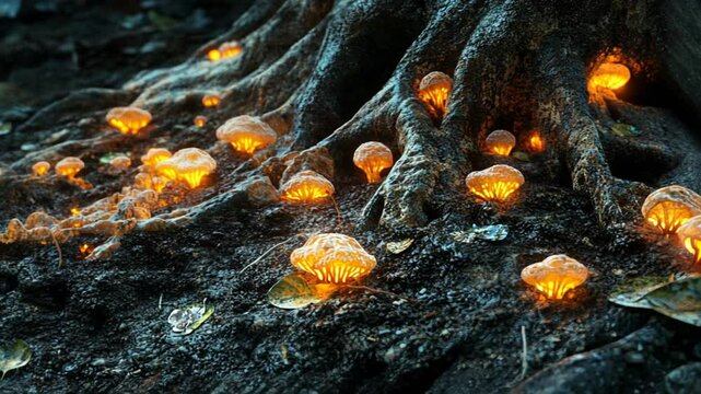 Glowing Mushrooms at the base of a Dark Tree