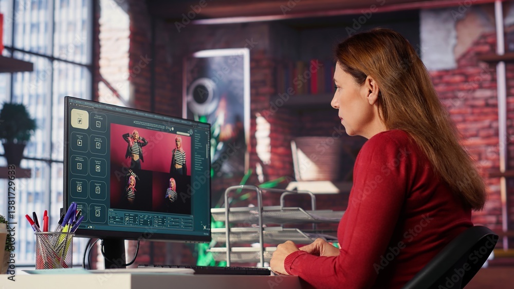 Poster woman expert developer works with photo editing software in her loft, digital media. using dual moni