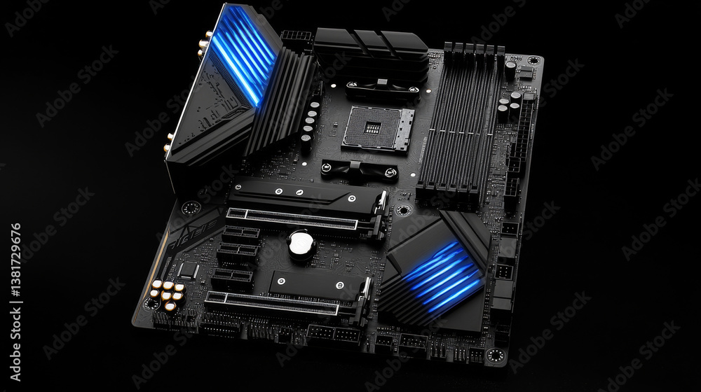 Poster conceptual image of a gaming motherboard showcasing its chipsets and compatibility with high-end pro