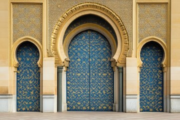 Obraz premium Oriental golden gate with Moroccan arch design, featuring elegant geometric patterns and luxurious arabesque details for decorative architecture concepts. AI generated illustration.