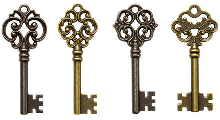 Antique Metal Keys Collection Isolated on White Background Represents Security Concept