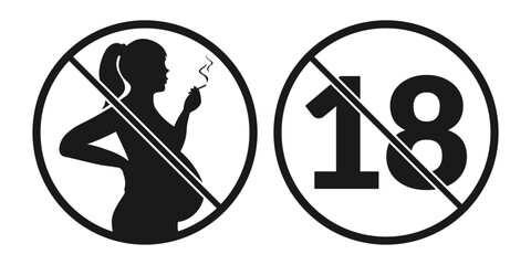 Black icon set for cigarette packaging featuring prohibitory sign of pregnant woman smoking and No 18 warning. Vector illustration for health warnings, anti smoking campaigns and regulatory packaging