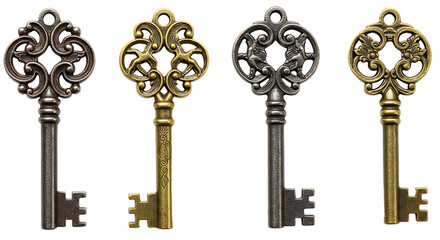 Obraz premium Antique Keys Collection Ornamental Designs on White Background for Unlock Concept
