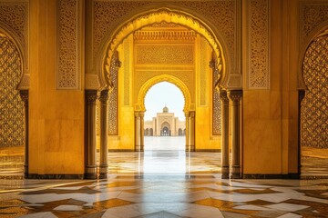 Oriental golden gate with Moroccan arch design. AI generated illustration.