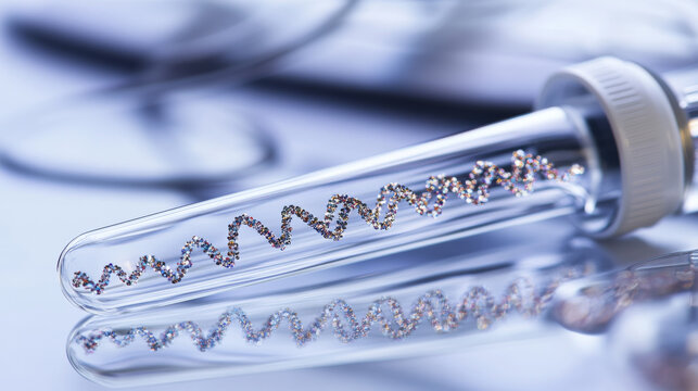 DNA analysis concept showing a test tube with genetic material and its profile reflection, illustrating genetic research