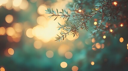 A close up of evergreen branches with soft bokeh lights