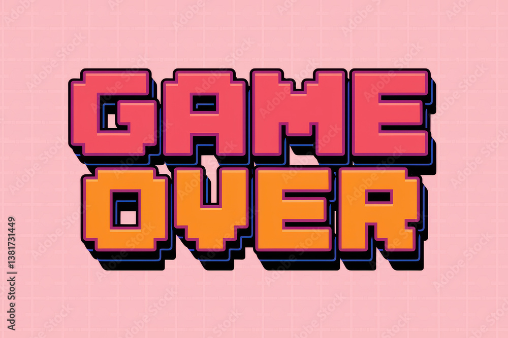 Poster retro pixel art 'game over' message in vibrant colors on soft pink background