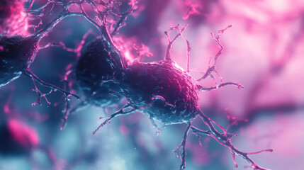 Futuristic scientific visualization of stem cells and microbiological structures in a medical context, enhanced with blur effects and viral imagery