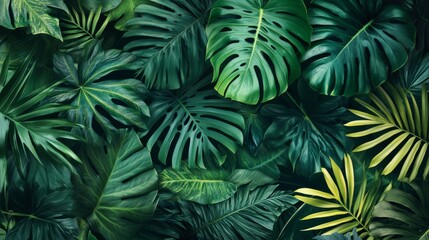 Vibrant jungle foliage with various shades of green, tropical leaves with great detail. generative ai