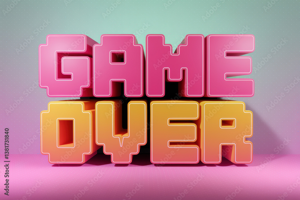 Poster vibrant game over message in playful pink and orange 3d text on soft background