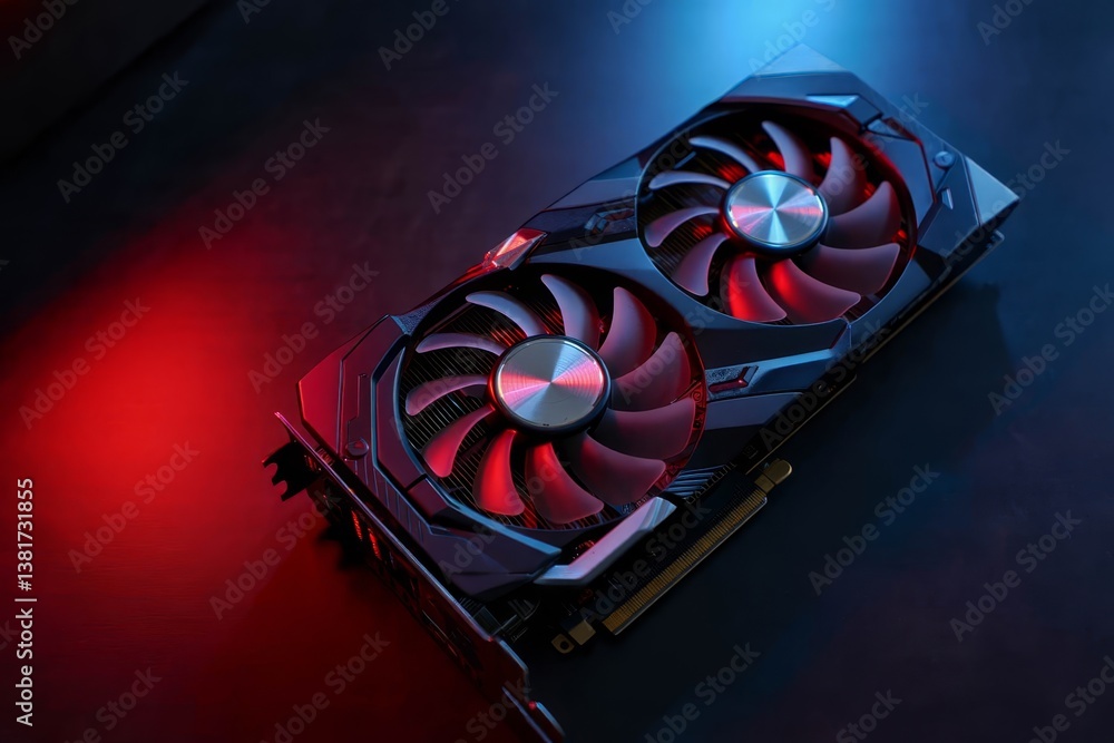 Fototapete Computer graphics card on color background, above view. Space for text.