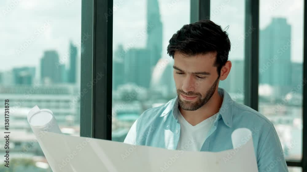 Poster professional engineer smiling while looking at skyscraper view. skilled architect in casual outfit l