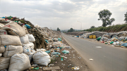 Trash-Lined Roadside: A sobering depiction of a road marred by an overabundance of trash bags, a stark symbol of environmental pollution. Emphasizing waste management challenges.