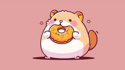 Fototapeta premium Cute cartoon hamster enjoys donut on pink background