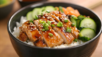 A traditional Japanese donburi bowl with teriyaki chicken rice and steamed vegetables.