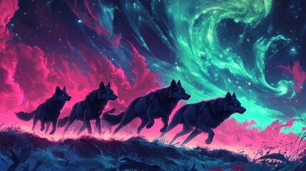 Neon wolves run under a celestial sky painted with vivid pink and turquoise hues