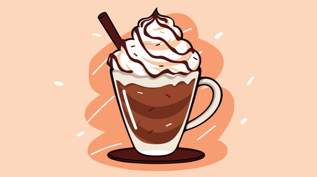 Delicious chocolate mocha with whipped cream and cinnamon stick in a glass mug