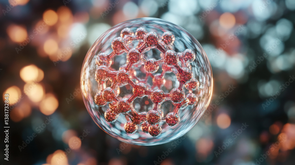 Poster molecular structure depicted inside a floating liquid sphere in a realistic 3d format