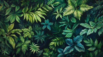 Vibrant jungle foliage with various shades of green, tropical leaves with great detail. generative ai