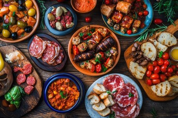 Overhead view of assorted tapas on rustic table. AI generated illustration.