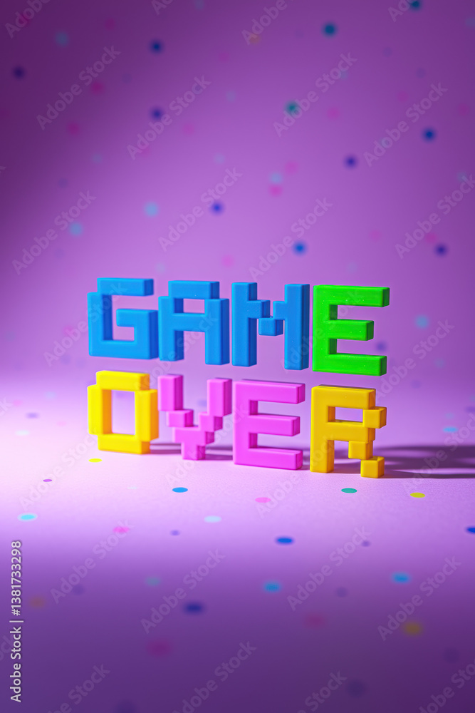 Poster playful 'game over' message in colorful block letters against vibrant purple background with confett
