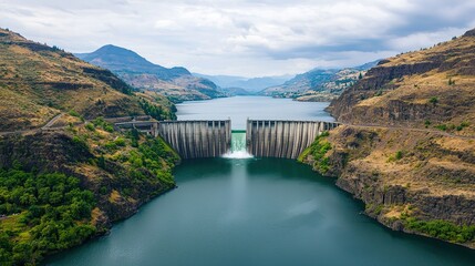 Water release action at the dalles dam columbia river aerial view natural landscape scenic beauty
