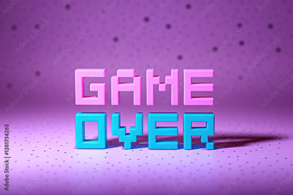 Poster playful retro video game aesthetic with colorful 'game over' block letters against a pastel backgrou