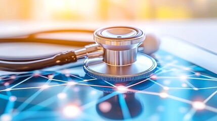A stethoscope rests on a digital screen displaying medical data