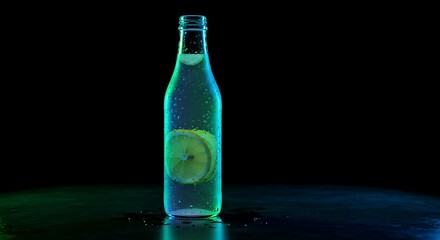 Sparkling Water Bottle with Lemon Slice and Condensation on Black Background