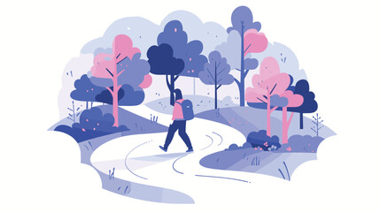 Illustrated minimalist landscape with person walking in pastel forest