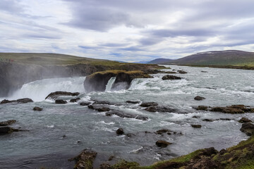 Godafoss waterfall cascading into Skjálfandafljót river in Iceland
