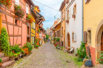 Fototapete Enge Gasse Colorful half-timbered buildings in a narrow cobblestone alley in the historic old town district of the touristic village of Eguisheim, France, in the Alsace region.   © Kirk Fisher