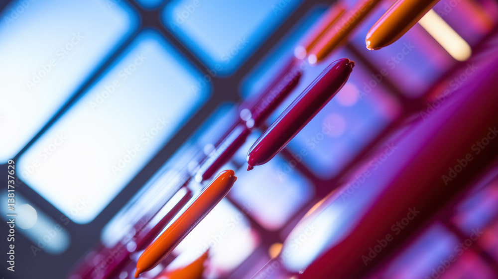 Poster dynamic abstract collection of colorful droplets in red and orange on a soft blue background