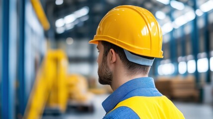 Worker in Safety Gear Observing Warehouse Operations with Yellow Hard Hat and Yellow Reflective Vest